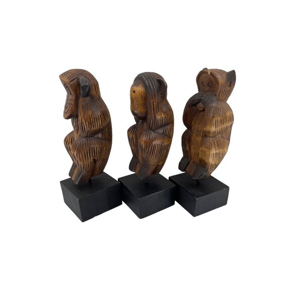 HD Wise Monkeys, 11” on Base Carved Wood Hear No Evil See No Evil Speak No Evil - Picture 3 of 12